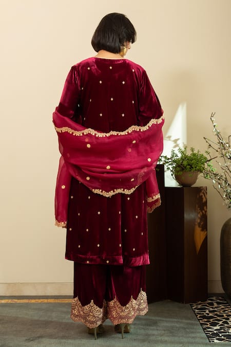 House Of Inari Lace Embroidered Wine Kurta Palazzo Set 