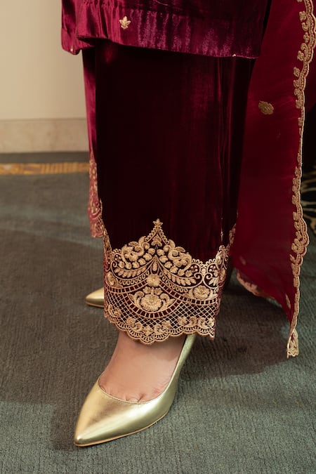 House Of Inari_Wine Silk, Velvet Lace Round Neck Embroidered Kurta Palazzo Set _at_Aza_Fashions