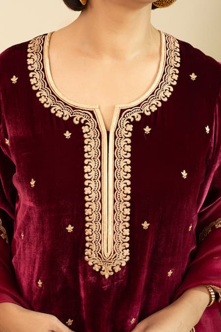 Buy_House Of Inari_Wine Silk, Velvet Lace Round Neck Embroidered Kurta Palazzo Set 