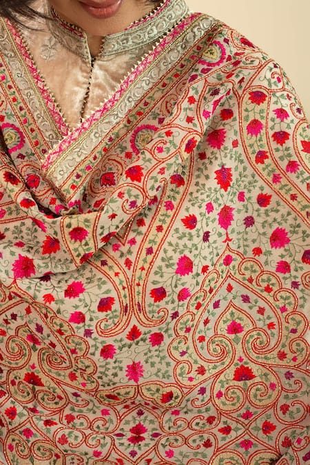 House Of Inari_Gray Silk, Georgette Cut Work, Embroidery Floral Parsi Gara Dupatta _Online_at_Aza_Fashions