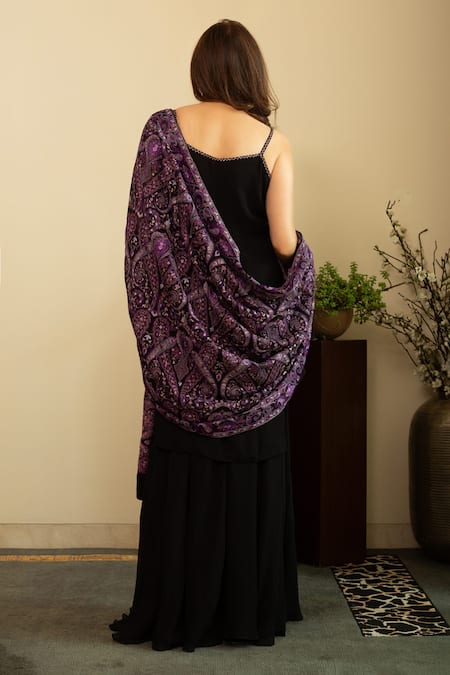 House Of Inari Black & Purple Parsi Gara Embroidered Dupatta 