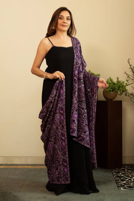 House Of Inari_Black Silk, Georgette Embroidery And Purple Parsi Gara Dupatta _Online_at_Aza_Fashions