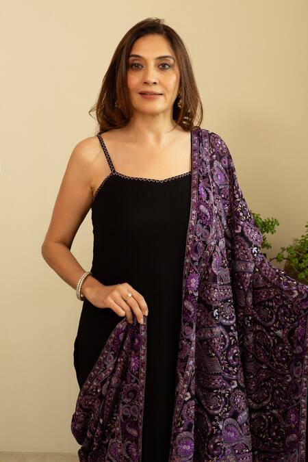 Shop_House Of Inari_Black Silk, Georgette Embroidery And Purple Parsi Gara Dupatta _Online_at_Aza_Fashions