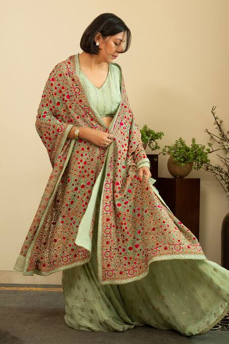 Buy_House Of Inari_Green Silk, Georgette Embroidery Floral Sea Dupatta _Online_at_Aza_Fashions