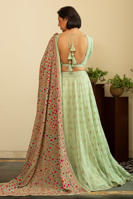 House Of Inari Floral Embroidered Sea Green Dupatta 
