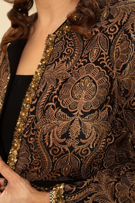 House Of Inari_Black Silk Round Neck Jamawar Embroidered Jacket _Online_at_Aza_Fashions