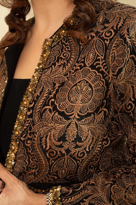 Buy_House Of Inari_Black Silk Round Neck Jamawar Embroidered Jacket _Online_at_Aza_Fashions