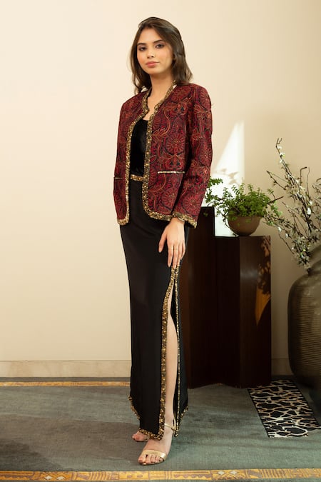 House Of Inari_Red Silk Sequins Round Neck Jamawar Bloom Embroidered Jacket _Online_at_Aza_Fashions