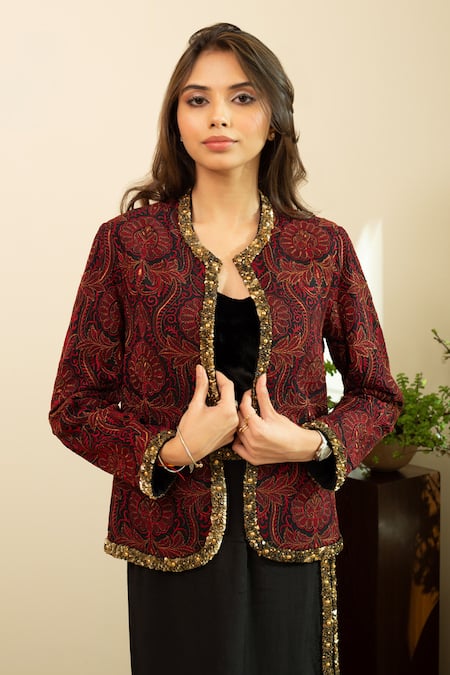 Buy_House Of Inari_Red Silk Sequins Round Neck Jamawar Bloom Embroidered Jacket _Online_at_Aza_Fashions