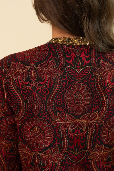 Shop_House Of Inari_Red Silk Sequins Round Neck Jamawar Bloom Embroidered Jacket _Online_at_Aza_Fashions
