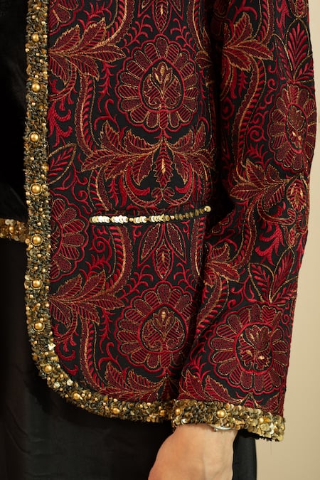 House Of Inari_Red Silk Sequins Round Neck Jamawar Bloom Embroidered Jacket _at_Aza_Fashions