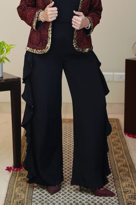 House Of Inari_Red Silk, Crepe Embroidery, Zari Open Neck Jamawar Jacket And Frilly Pant Set _Online_at_Aza_Fashions