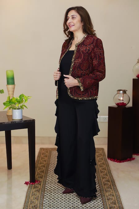 Buy_House Of Inari_Red Silk, Crepe Embroidery, Zari Open Neck Jamawar Jacket And Frilly Pant Set _Online_at_Aza_Fashions