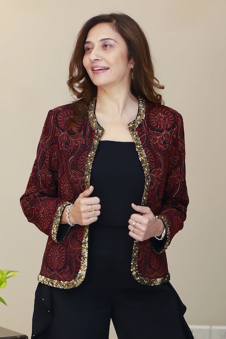 Shop_House Of Inari_Red Silk, Crepe Embroidery, Zari Open Neck Jamawar Jacket And Frilly Pant Set _Online_at_Aza_Fashions