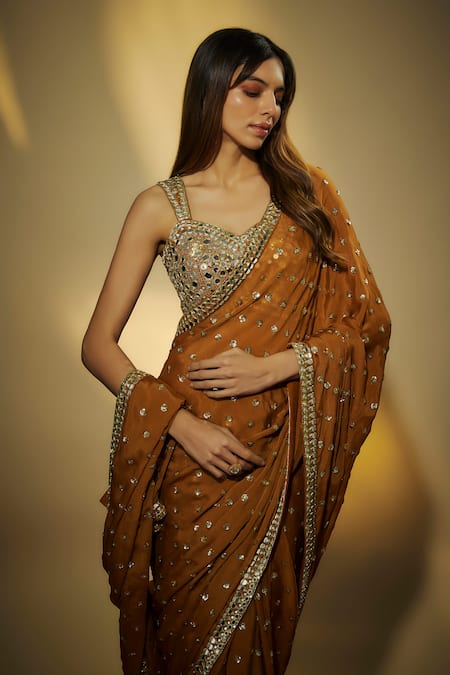 Vana Ethnics_Brown Viscose Mirrors, Sequins, Zari Embroidered Copper Saree And Bustier _Online_at_Aza_Fashions