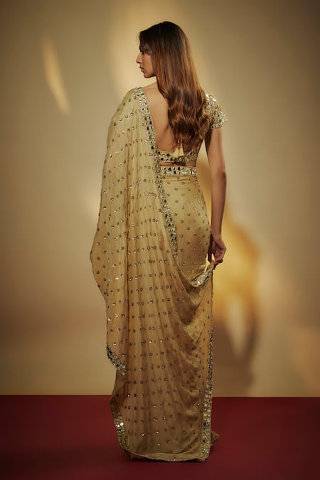 Vana Ethnics Gold Mirror Embroidered Pre-Draped Saree Set 