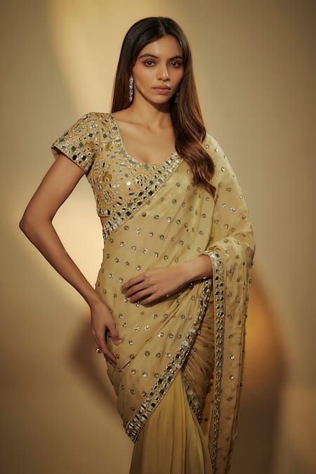 Vana Ethnics_Gold Viscose, Linen Sequins, Mirrors, Zari Embroidered Pre-draped Saree Set _Online_at_Aza_Fashions