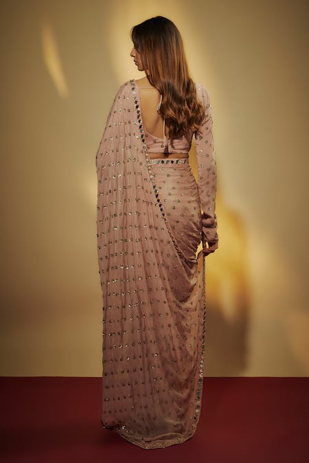 Vana Ethnics Sequin Embroidered Pre-Draped Saree With Blouse  