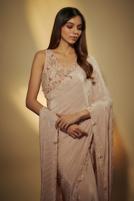 Buy_Vana Ethnics_Pink Viscose Cut Work, Pearls, Sequins, Embroidery Cutdana Pre-draped Saree Set _Online_at_Aza_Fashions