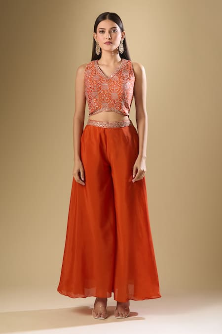 Samyukta Singhania Orange Chiffon Sequins, Zari, Embroidery V-neck Flora Art Blouse And Palazzo Set Online at Aza Fashions Samyukta Singhania_Orange Chiffon Sequins, Zari, Embroidery V-neck Flora Art Blouse And Palazzo Set_Online_at_Aza_Fashions