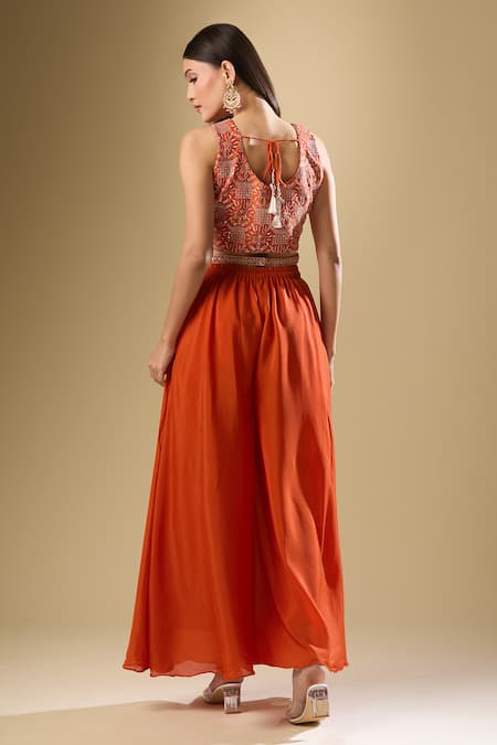 Shop Samyukta Singhania Orange Chiffon Sequins, Zari, Embroidery V-neck Flora Art Blouse And Palazzo Set at Aza Fashions Shop_Samyukta Singhania_Orange Chiffon Sequins, Zari, Embroidery V-neck Flora Art Blouse And Palazzo Set_at_Aza_Fashions