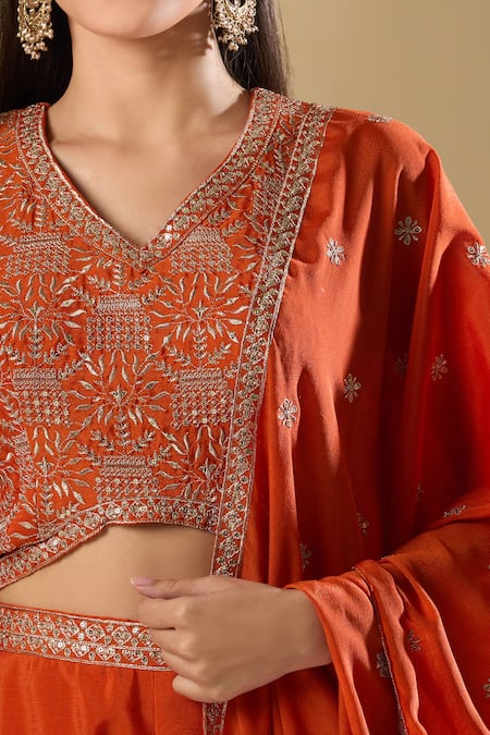Buy Samyukta Singhania Orange Chiffon Sequins, Zari, Embroidery V-neck Flora Art Blouse And Palazzo Set Online at Aza Fashions Buy_Samyukta Singhania_Orange Chiffon Sequins, Zari, Embroidery V-neck Flora Art Blouse And Palazzo Set_Online_at_Aza_Fashions