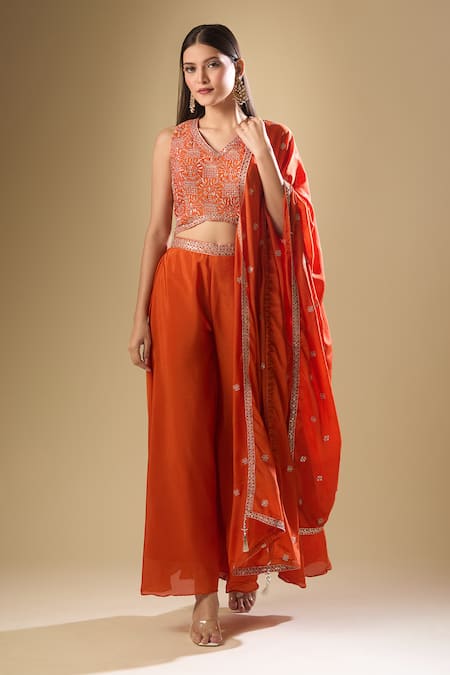 Shop Samyukta Singhania Orange Chiffon Sequins, Zari, Embroidery V-neck Flora Art Blouse And Palazzo Set Online at Aza Fashions Shop_Samyukta Singhania_Orange Chiffon Sequins, Zari, Embroidery V-neck Flora Art Blouse And Palazzo Set_Online_at_Aza_Fashions