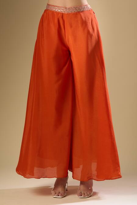 Samyukta Singhania Orange Chiffon Sequins, Zari, Embroidery V-neck Flora Art Blouse And Palazzo Set at Aza Fashions Samyukta Singhania_Orange Chiffon Sequins, Zari, Embroidery V-neck Flora Art Blouse And Palazzo Set_at_Aza_Fashions