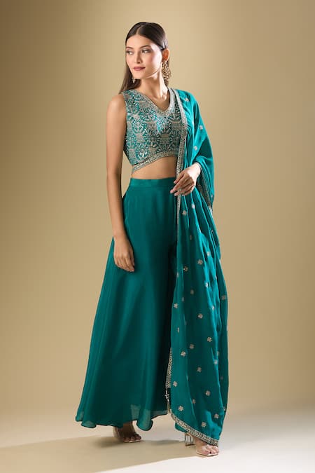 Buy_Samyukta Singhania_Blue Chiffon Sequins, Zari V-neck Floral Embroidered Blouse And Palazzo Set_Online_at_Aza_Fashions