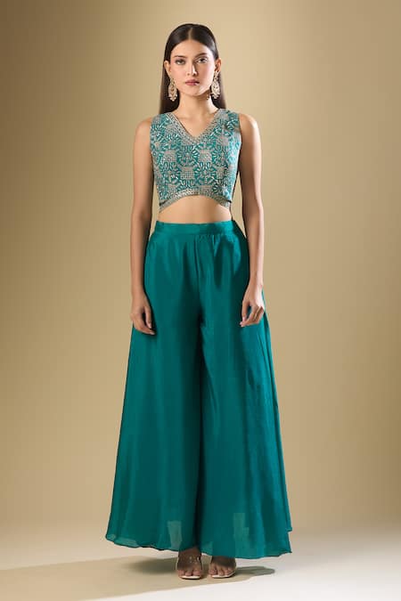 Samyukta Singhania_Blue Chiffon Sequins, Zari V-neck Floral Embroidered Blouse And Palazzo Set_at_Aza_Fashions