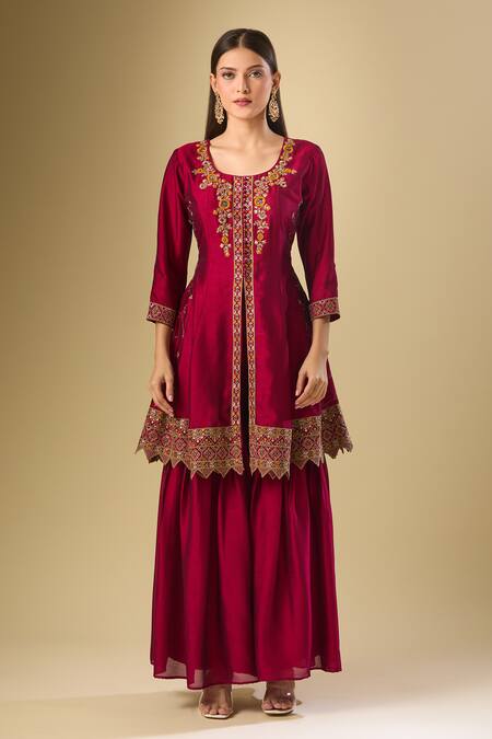 Samyukta Singhania Maroon Silk Zari, Sequins, Embroidery Round Neck Bloom Kurta Sharara Set Online at Aza Fashions Samyukta Singhania_Maroon Silk Zari, Sequins, Embroidery Round Neck Bloom Kurta Sharara Set_Online_at_Aza_Fashions