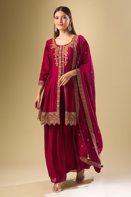 Shop Samyukta Singhania Maroon Silk Zari, Sequins, Embroidery Round Neck Bloom Kurta Sharara Set Online at Aza Fashions Shop_Samyukta Singhania_Maroon Silk Zari, Sequins, Embroidery Round Neck Bloom Kurta Sharara Set_Online_at_Aza_Fashions