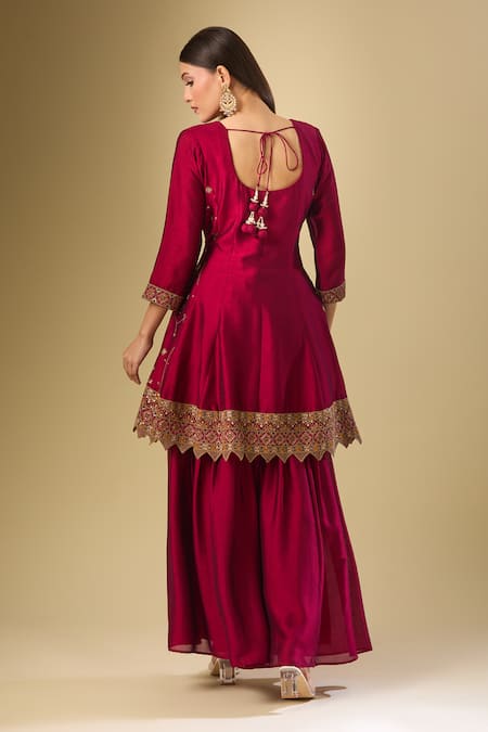 Shop Samyukta Singhania Maroon Silk Zari, Sequins, Embroidery Round Neck Bloom Kurta Sharara Set at Aza Fashions Shop_Samyukta Singhania_Maroon Silk Zari, Sequins, Embroidery Round Neck Bloom Kurta Sharara Set_at_Aza_Fashions