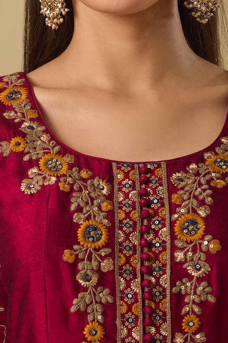 Samyukta Singhania Maroon Silk Zari, Sequins, Embroidery Round Neck Bloom Kurta Sharara Set at Aza Fashions Samyukta Singhania_Maroon Silk Zari, Sequins, Embroidery Round Neck Bloom Kurta Sharara Set_at_Aza_Fashions