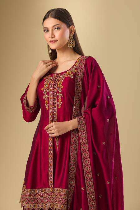 Buy Samyukta Singhania Maroon Silk Zari, Sequins, Embroidery Round Neck Bloom Kurta Sharara Set Buy_Samyukta Singhania_Maroon Silk Zari, Sequins, Embroidery Round Neck Bloom Kurta Sharara Set
