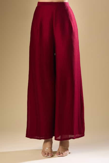 Shop_Samyukta Singhania_Wine Silk Sequins, Beads, Cut Work Gul Embroidered Gathered Kurta Palazzo Set_Online_at_Aza_Fashions