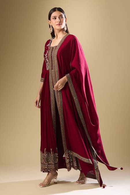 Samyukta Singhania_Wine Silk Sequins, Beads, Cut Work Gul Embroidered Gathered Kurta Palazzo Set_at_Aza_Fashions