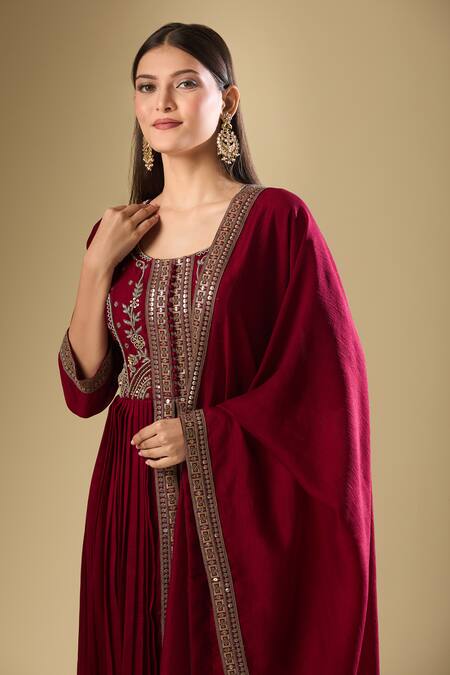 Buy_Samyukta Singhania_Wine Silk Sequins, Beads, Cut Work Gul Embroidered Gathered Kurta Palazzo Set