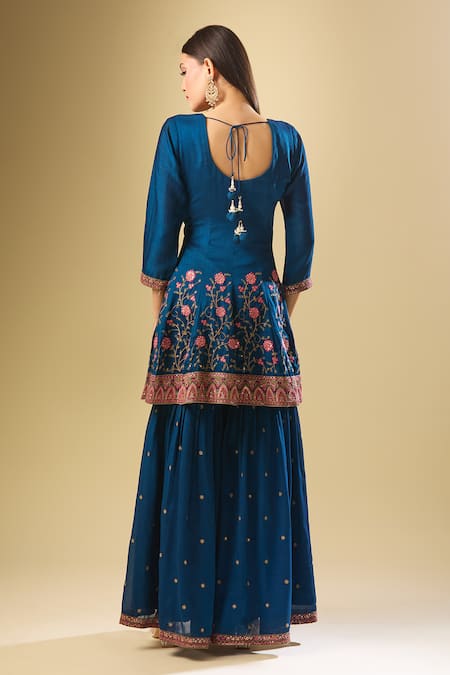 Shop Samyukta Singhania Blue Silk Sequins, Beads Round Neck Bahara Embroidered Kurta Sharara Set at Aza Fashions Shop_Samyukta Singhania_Blue Silk Sequins, Beads Round Neck Bahara Embroidered Kurta Sharara Set_at_Aza_Fashions