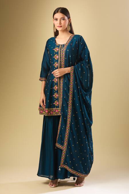 Samyukta Singhania_Blue Silk Sequins, Beads, Embroidery Round Neck Gulbahar Kurta Sharara Set_Online_at_Aza_Fashions