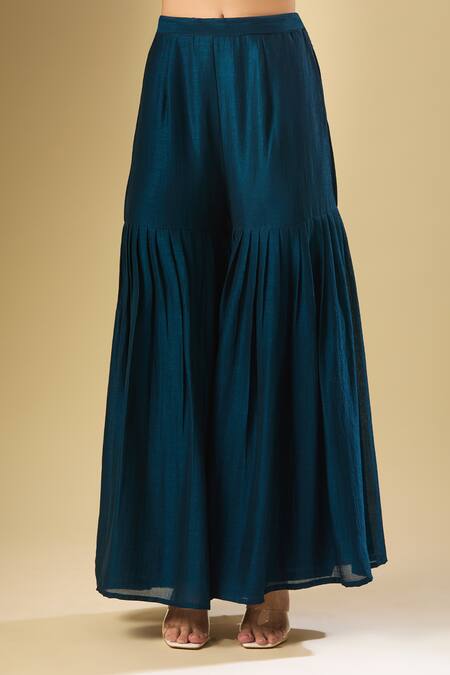 Buy_Samyukta Singhania_Blue Silk Sequins, Beads, Embroidery Round Neck Gulbahar Kurta Sharara Set_Online_at_Aza_Fashions