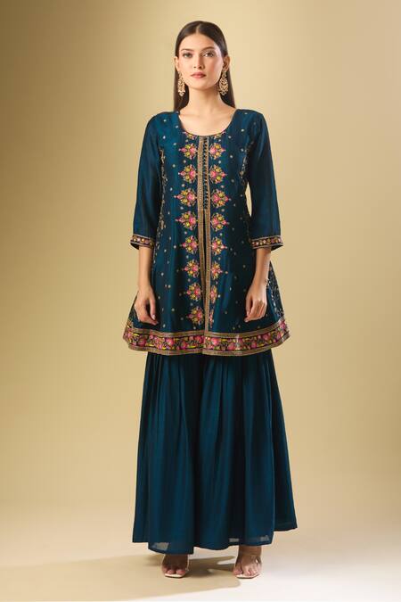 Shop_Samyukta Singhania_Blue Silk Sequins, Beads, Embroidery Round Neck Gulbahar Kurta Sharara Set_Online_at_Aza_Fashions