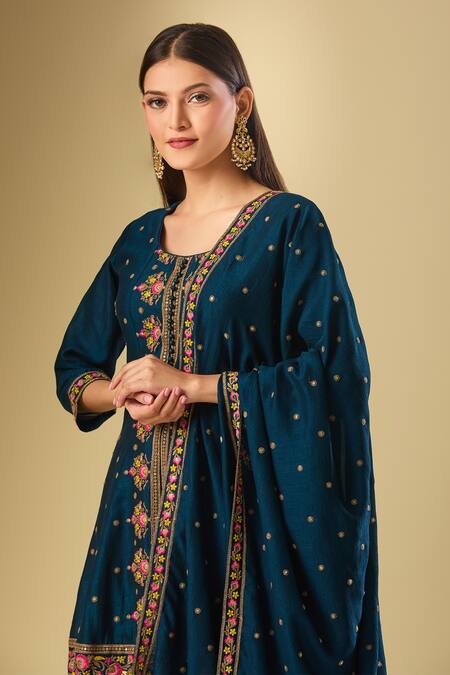 Samyukta Singhania_Blue Silk Sequins, Beads, Embroidery Round Neck Gulbahar Kurta Sharara Set_at_Aza_Fashions