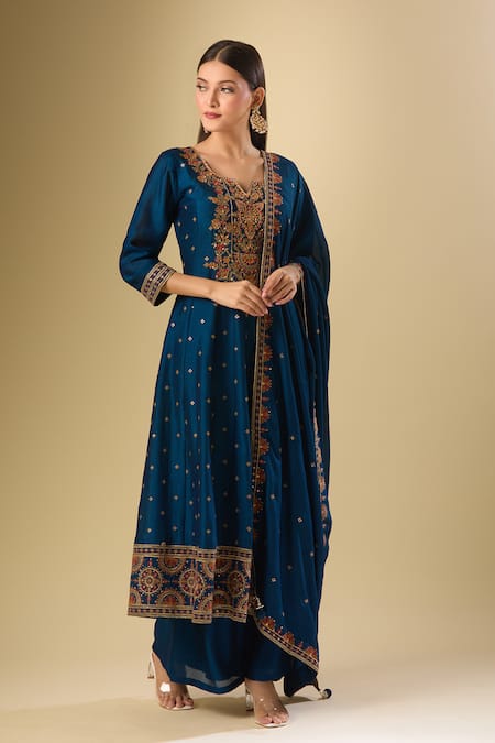 Buy_Samyukta Singhania_Blue Silk Sequins, Zari, Embroidery Round Neck Bloom Kurta Palazzo Set_Online_at_Aza_Fashions