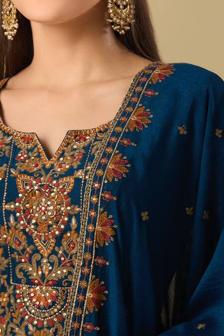 Shop_Samyukta Singhania_Blue Silk Sequins, Zari, Embroidery Round Neck Bloom Kurta Palazzo Set_Online_at_Aza_Fashions
