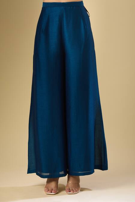 Samyukta Singhania_Blue Silk Sequins, Zari, Embroidery Round Neck Bloom Kurta Palazzo Set_at_Aza_Fashions