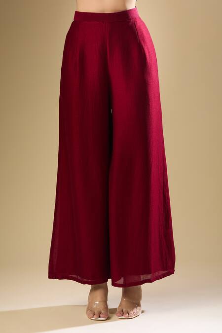 Samyukta Singhania_Wine Silk Sequins, Zari Round Neck Bloom Embroidered Anarkali Palazzo Set _Online_at_Aza_Fashions