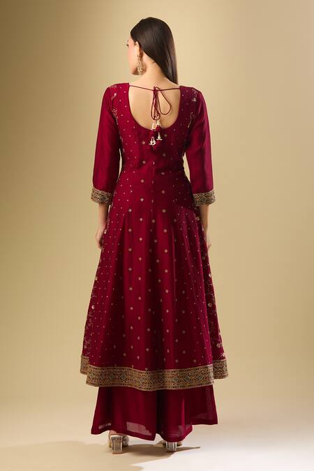 Shop_Samyukta Singhania_Wine Silk Sequins, Zari Round Neck Bloom Embroidered Anarkali Palazzo Set _at_Aza_Fashions