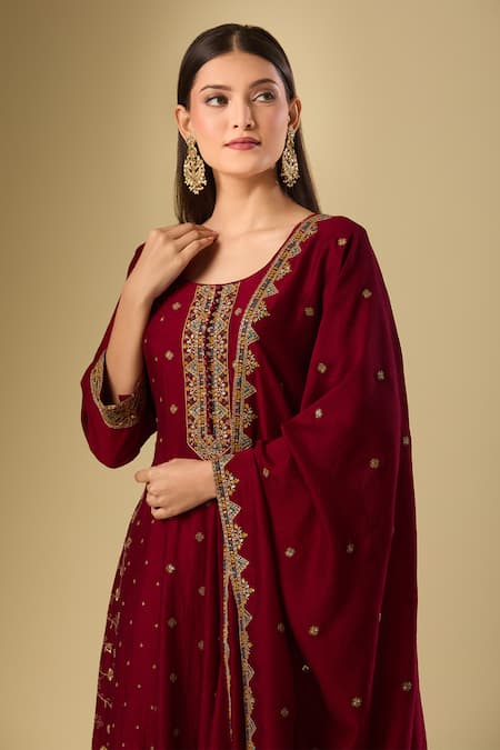 Buy_Samyukta Singhania_Wine Silk Sequins, Zari Round Neck Bloom Embroidered Anarkali Palazzo Set _Online_at_Aza_Fashions