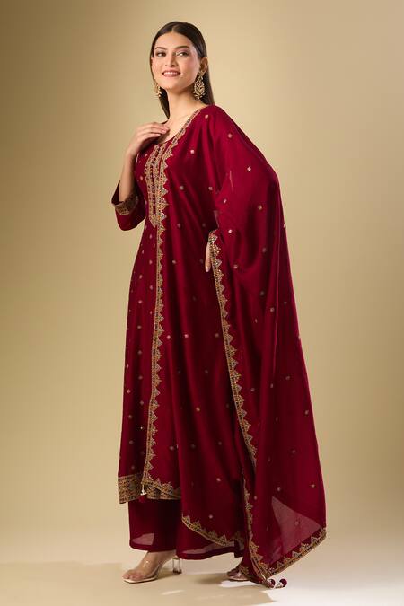 Shop_Samyukta Singhania_Wine Silk Sequins, Zari Round Neck Bloom Embroidered Anarkali Palazzo Set _Online_at_Aza_Fashions